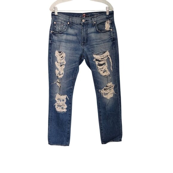 7 FOR ALL MANKIND Jeans Relaxed Skinny‎ Blue Denim Distressed Womens Size 28 EUC - Picture 1 of 14